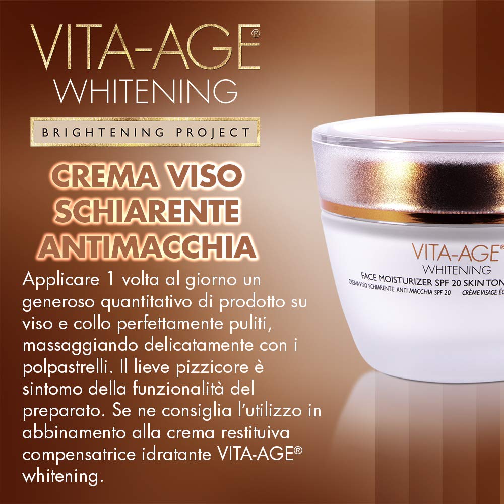 BOTTEGA DI LUNGA VITA CREMA VISO SCHIARENTE ANTI MACCHIA SPF 20 VITA-AGE WHITENING. Illumina, con complesso schiarente, acido glicolico. Vaso da 50 ml