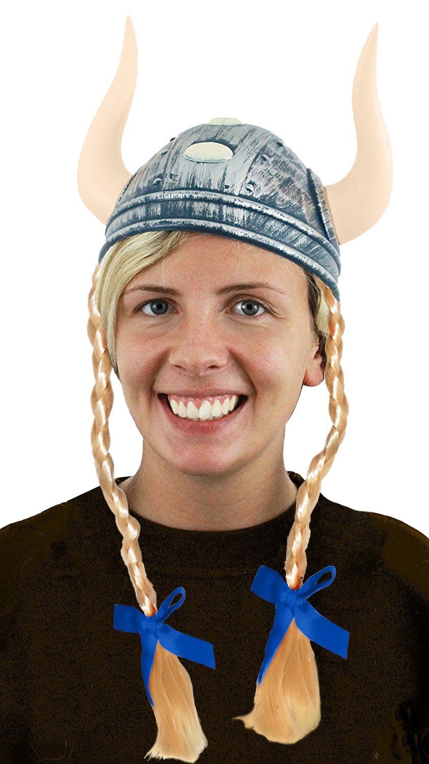 VIKING HELMET FANCY DRESS COSTUME ACCESSORY LADIES NORDIC WARRIOR MEDIEVAL NORSE GODDESS HAT WITH HORNS (HELMET + BLONDE PLAITS WITH BLUE RIBBON)