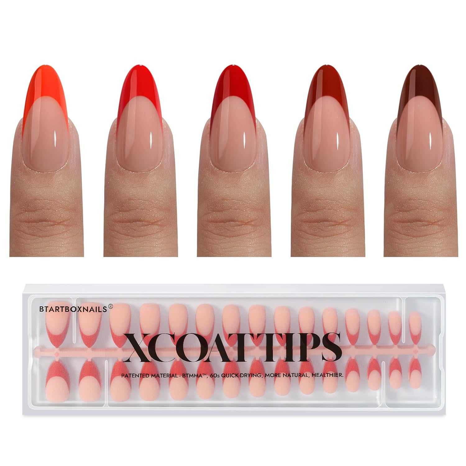 BTArtboxnails XCOATTIPS French Tip Press on Nails – Red French Tip Nails Almond, Valentines Press on Nails Medium, Soak Off Soft Gel Nail Extension 150Pcs