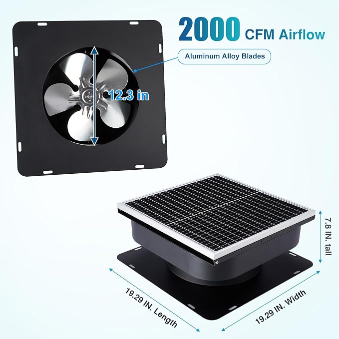 Ventilador Solar para Ático de 30 W sin Controlador, Ventilación Automática hasta 2800 pies cuadrados, Rejilla Solar para Techo con Ventilador de Aleación de 5 Aspas y Panel Ajustable para Casa y Garaje miniatura 2