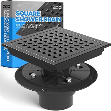 zaa 6 Inch Square Shower Drain, Bathroom Floor Drain, 304 Stainless Steel Shower Floor Drain Kit with Flange, Removable Shower Drain Grate with Hair Strainer, Black