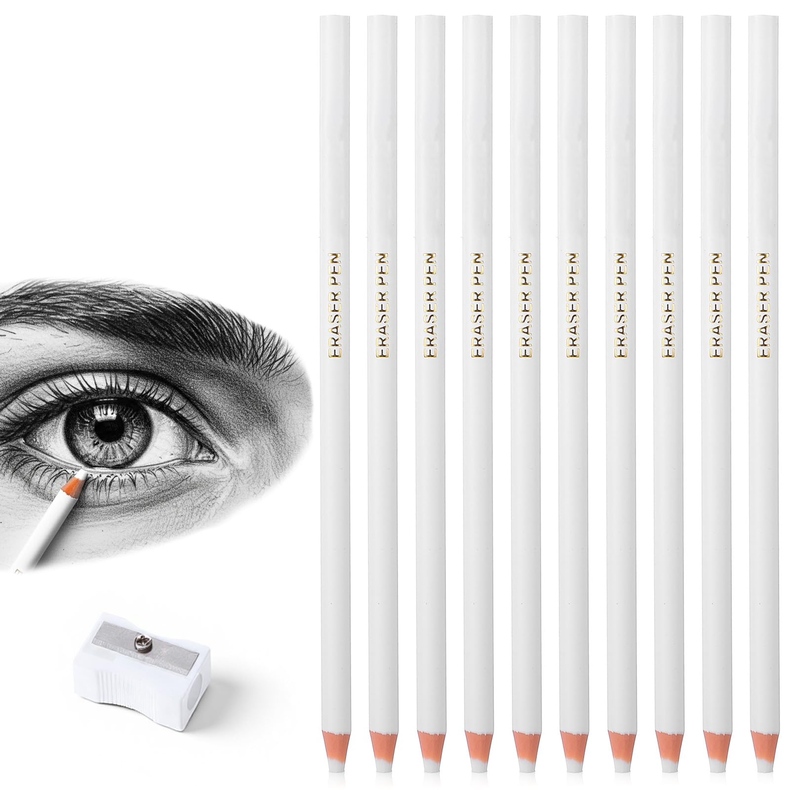 Eraser for Artists 10 Pack Fine Erasers Precision Eraser Drawing Erasers Pen Perfection Detail Pen with Sharpener Accurate Force Transmission Erases Perfect for Sketches and Coloured Illustrations