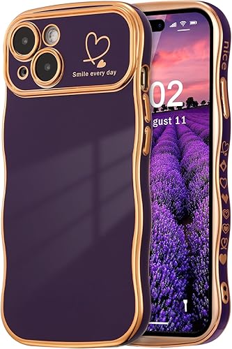 Miniatura 45 de ZTOFERA Funda para iPhone 14 de 6.1 pulgadas, Linda Funda con Marco de Ondas Rizadas con Patrón de Corazones, Borde Chapado de Lujo, Funda de