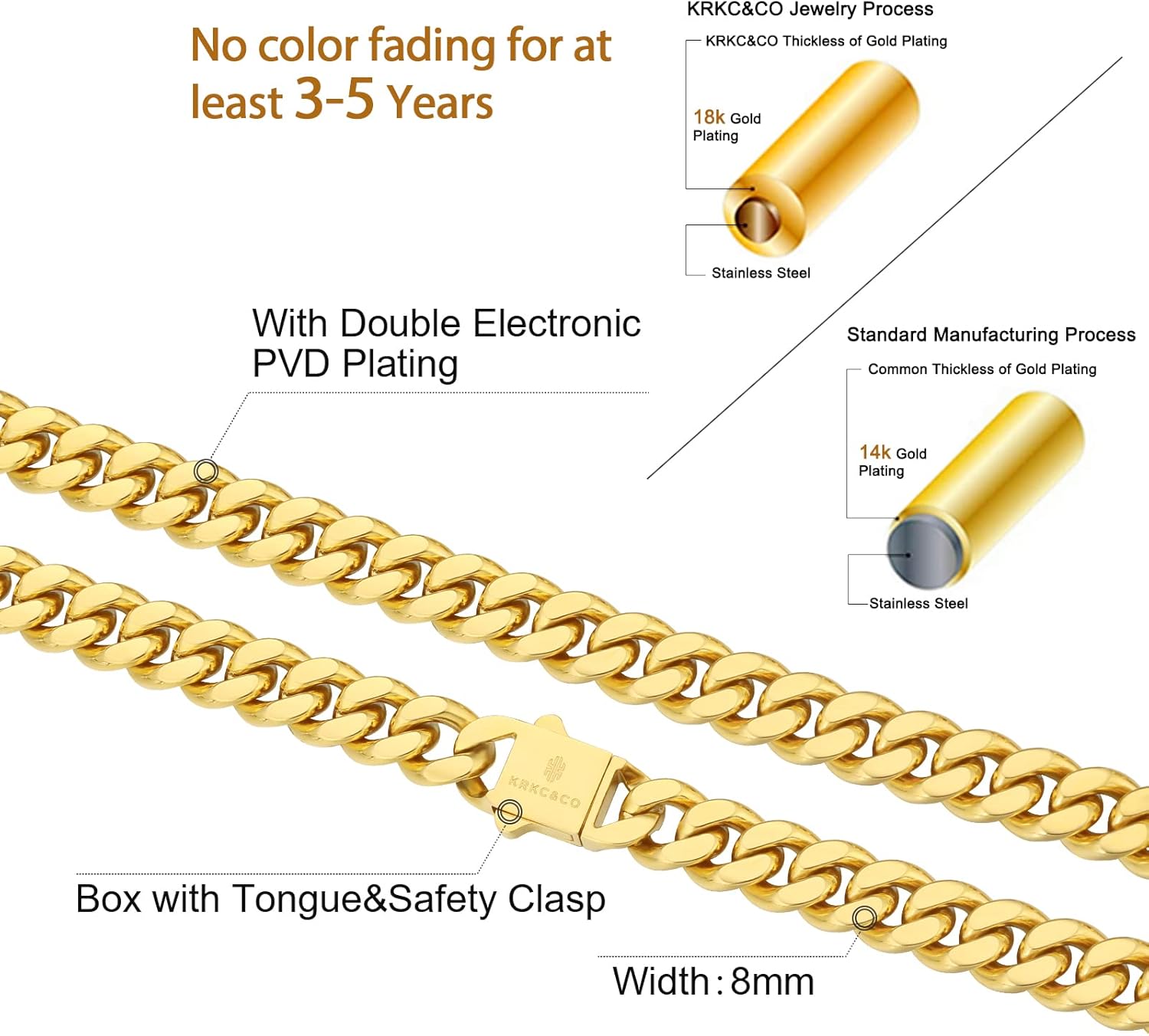 KRKC&CO Gold Chain for Men 8/12/14mm, 18k Miami Thick Cuban Link Necklace,Brithday Father Day Gift for Him from Wife, 4-Side Cut, Hip Hop Jewelry, Anti-Allergies No Fading - Image 3