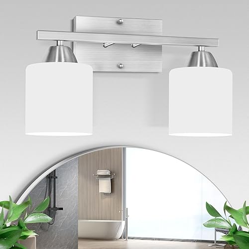 Luces de tocador de baño de 2 luces sobre el espejo, lámpara de pared de níquel cepillado para dormitorio, lámparas de baño modernas con pantalla de