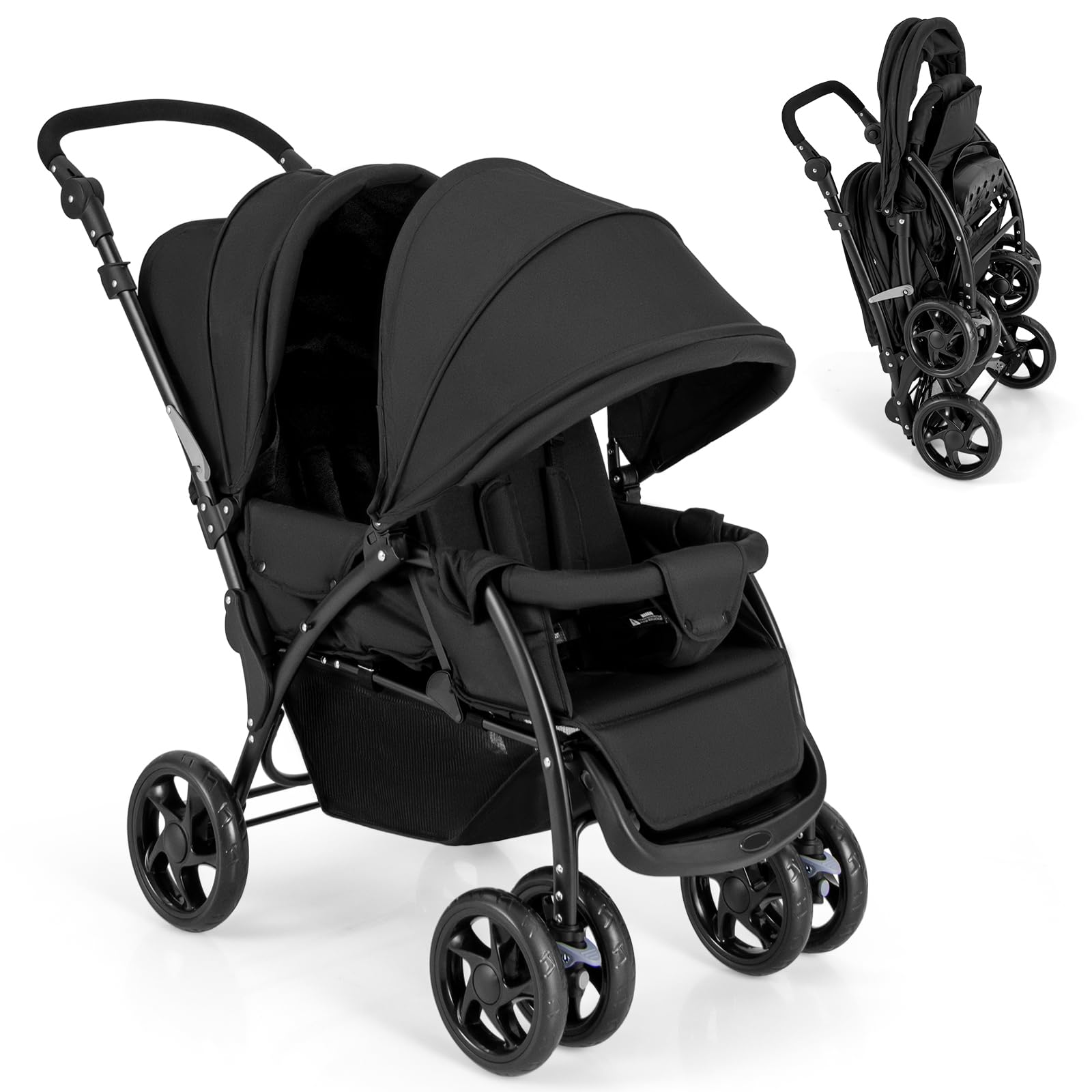 GLACER Foldable Twin Stroller, Double Baby Stroller w/Multi-Level Backrest, Canopy, Handle & Footrest, Safety Belt & Brake System, Travel Tandem
