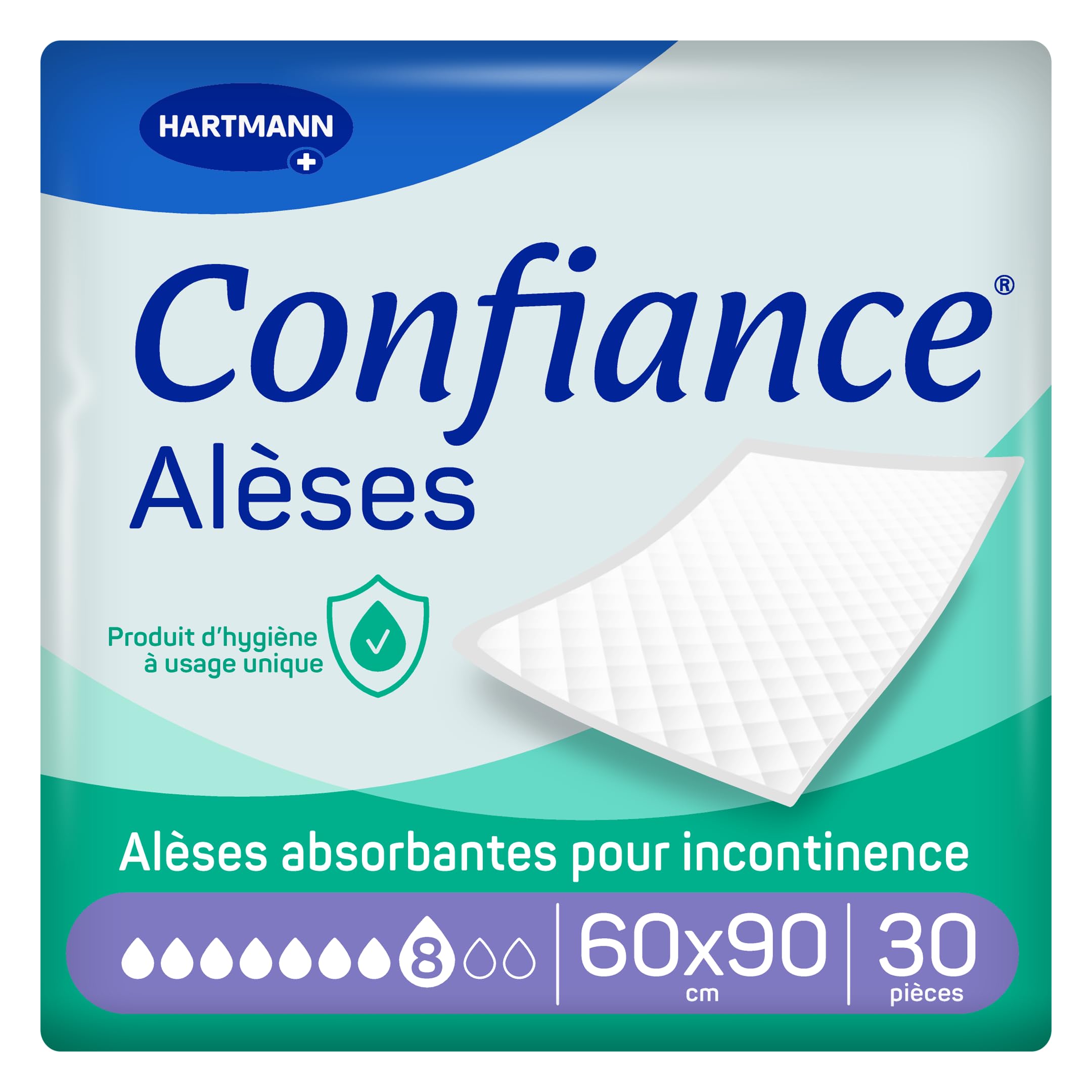 Confiance® Alèse - Alèses pour la protection de la Literie ou du Fauteuil - Niveau d'Absorption = 8 gouttes - Dimensions = 60 x 90 cm - 30 unités, Packaging May Vary - 1