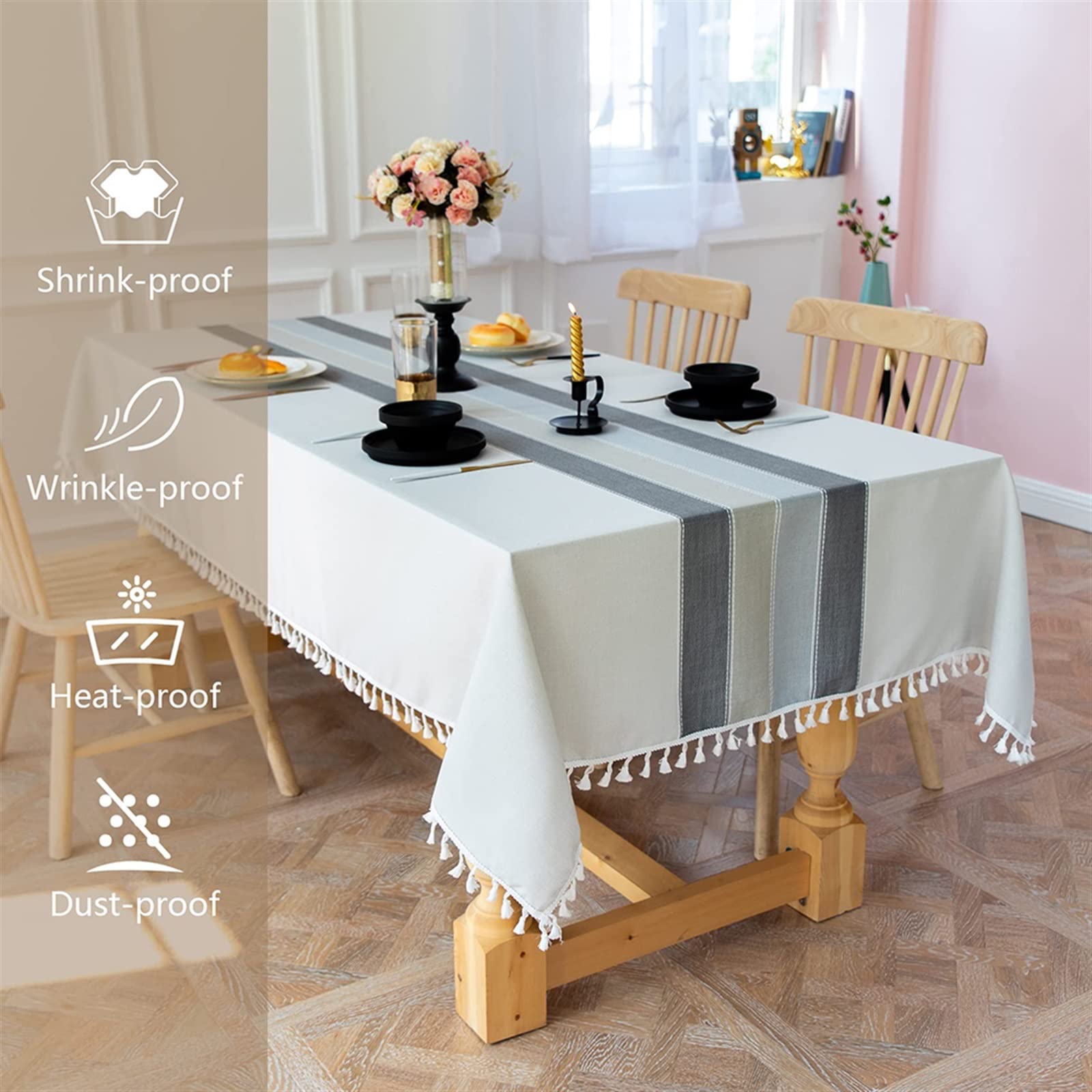 Czarno-szare bawełniane lniane obrusy, materiałowe obrusy w paski z pasiastymi frędzlami, dekoracja stołu kuchennego(Striped color,140cm x 220cm)