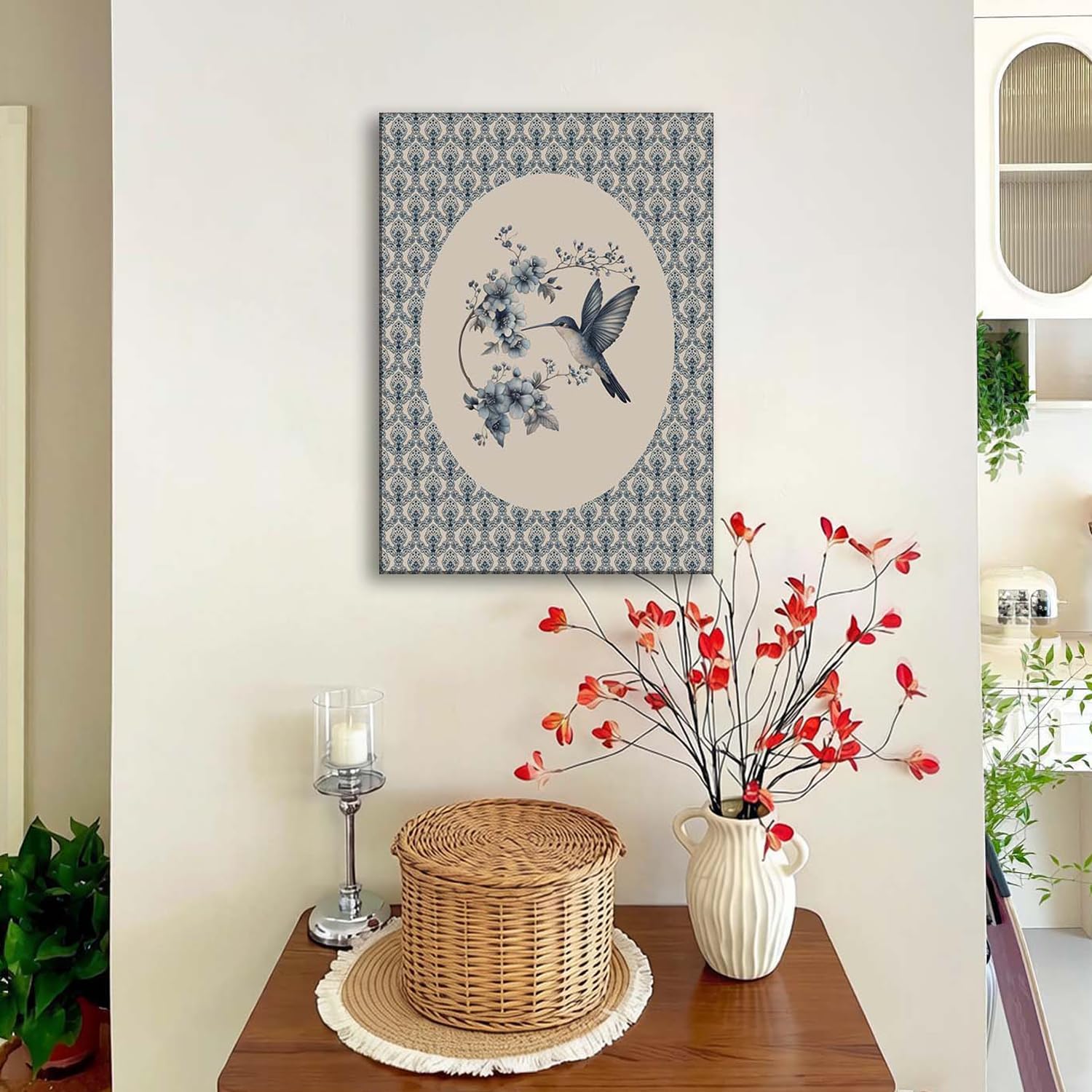 ACWOWO Retro Hummingbird Wall Art Blue and White Floral Bird Canvas Print Rustic Decor for Farmhouses Bedrooms Living Rooms Bathrooms 16x24 ln (Canvas)