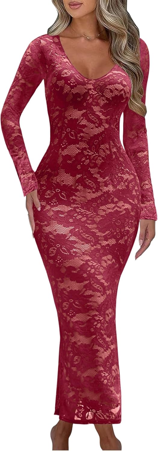 Ekaliy Women Bodycon Maxi Dress Floral Lace Elegant Flare Sleeve Fitted Formal Wedding Guest Cocktail Dresses