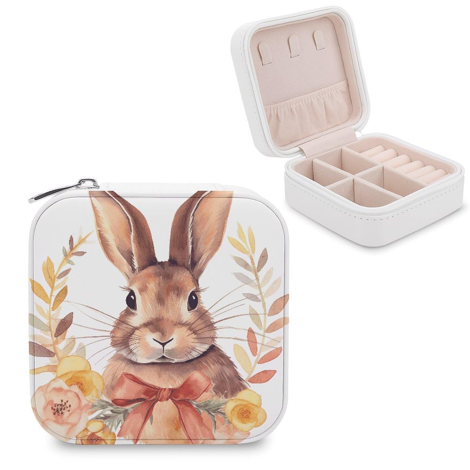 VstaDank Bunny Rosette Jewelry Box Beautiful Portable Ring Boxes Cute Large-Capacity Jewelry Case Jewelry Organizer for Mothers Gifts for Earrings Rings Hand Bracelet