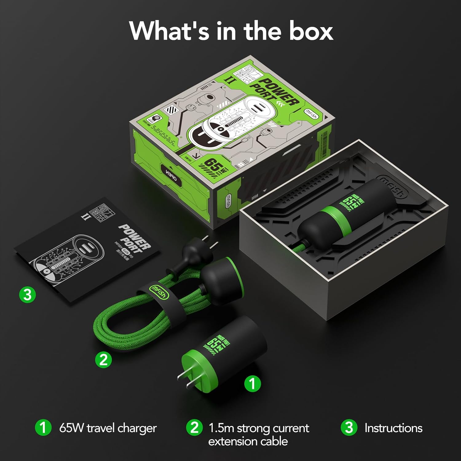 MFish 65W GaN Fast Wall Charger Block with 2 USB-C & 1 USB-A Ports, 5ft Nylon Extension Adapter – High-Speed Charging for iPhone, iPad, MacBook, Samsung Galaxy, and More Devices (Cyber Green) - Image 8