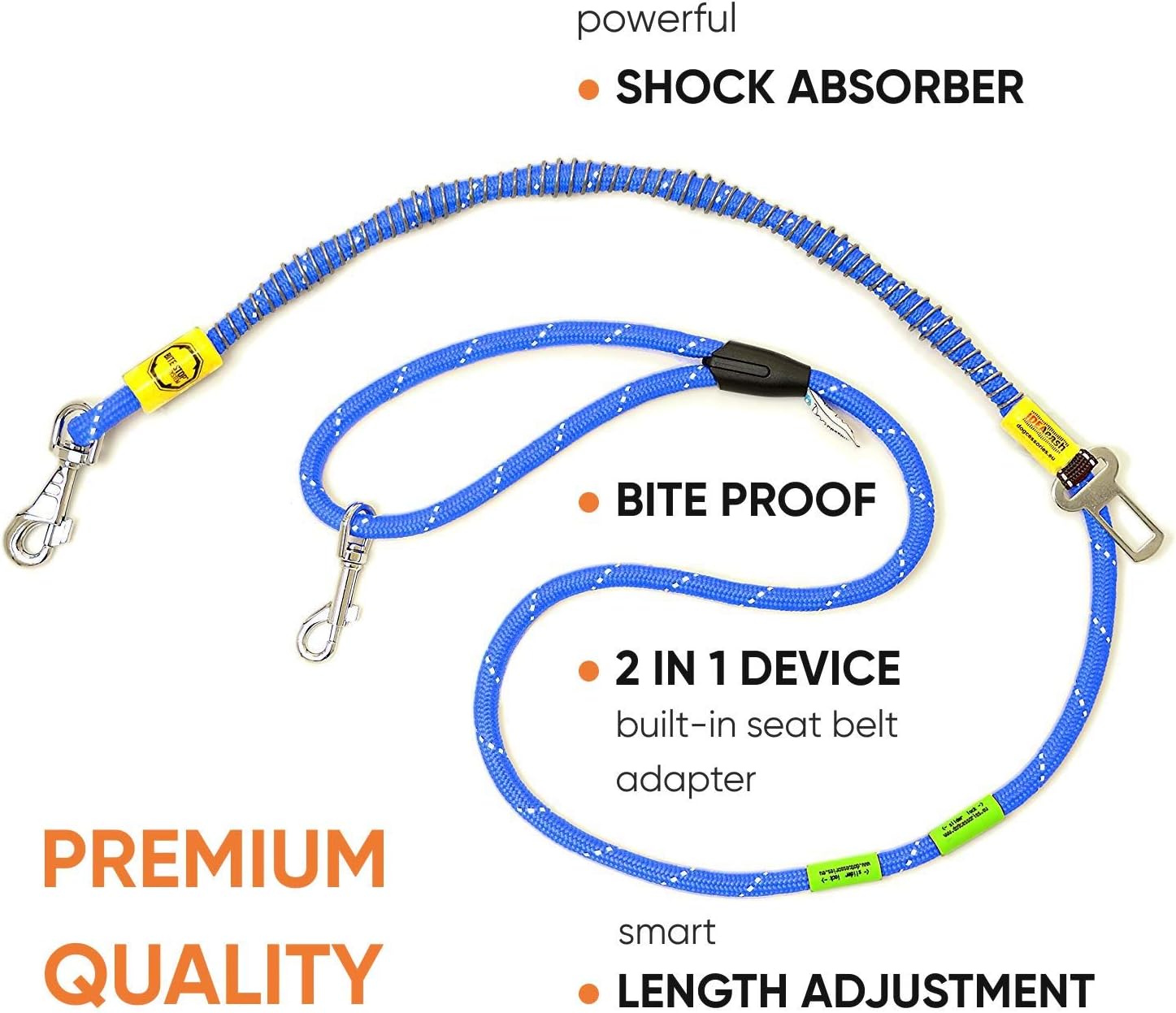Dog Lead With Seat Belt Lock Car Adapter, Shock Absorbing, Bite/Chew Proof. Adjustable Lenght, Reflective, Dogs over 20 kg/44lbs, IDEALEASH TRAVEL MAXI, Blue