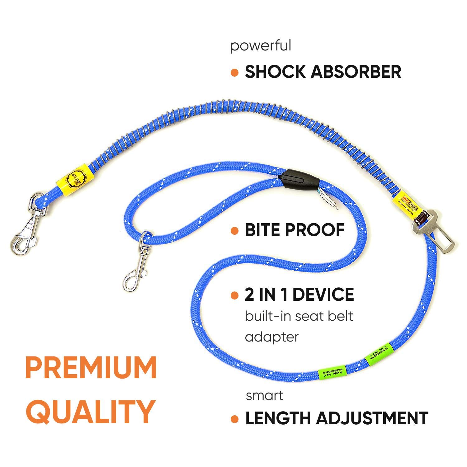 Dog Lead With Seat Belt Lock Car Adapter, Shock Absorbing, Bite/Chew Proof. Adjustable Lenght, Reflective, Dogs over 20 kg/44lbs, IDEALEASH TRAVEL MAXI, Blue