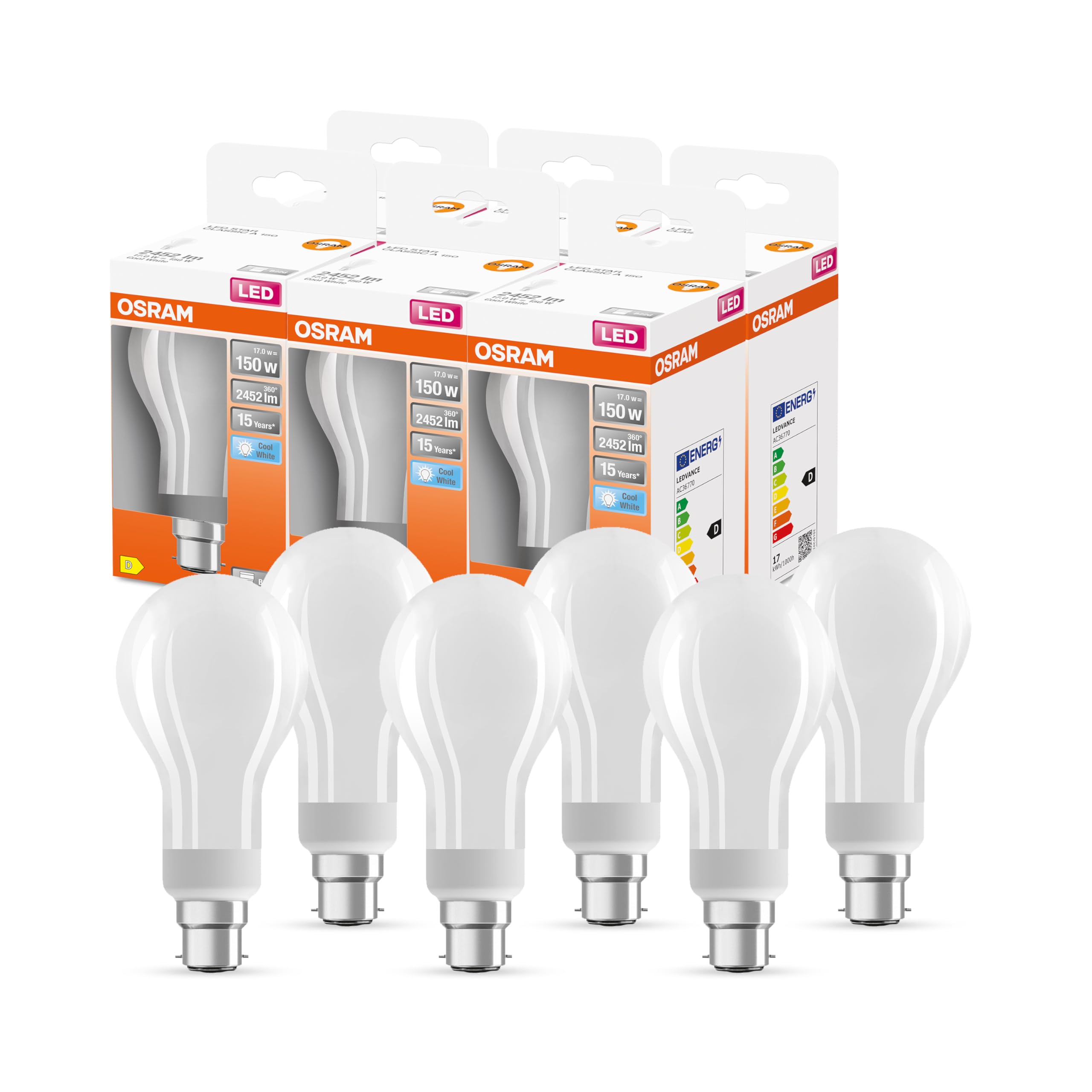 Osram White Led Star Classic A150 Led Lamp For B22d Base, Pear Shape, Gl Fr, 2452 Lumens, Cold (4000K), Replacement For Conventional 150W Light Bulbs, Not Dimmable, 6-Pack