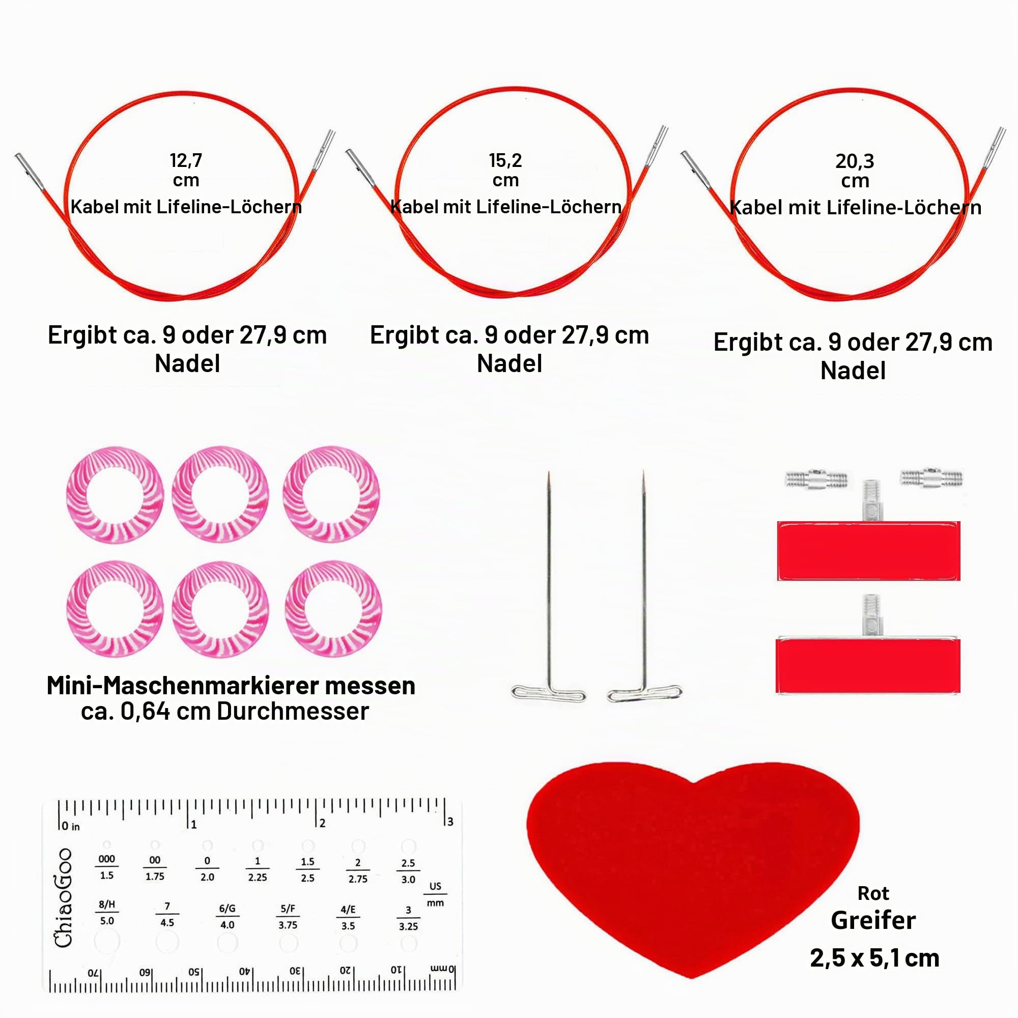 ChiaoGoo 7230-M Stricknadeln, bare Shorties, rote Spitze, 5,1 cm und 7,6 cm, kleine Nadeln, Set mit 1 Artsiga Crafts Project Bag