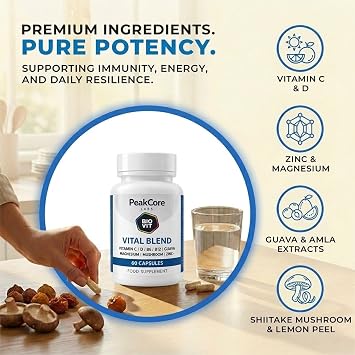Natural Daily Immune & Recovery Support – Vitamin C, D, B12, Zinc & Magnesium with Mushroom & Plant Extracts – BioVit 100% Natural Source Blend – 60 Capsules