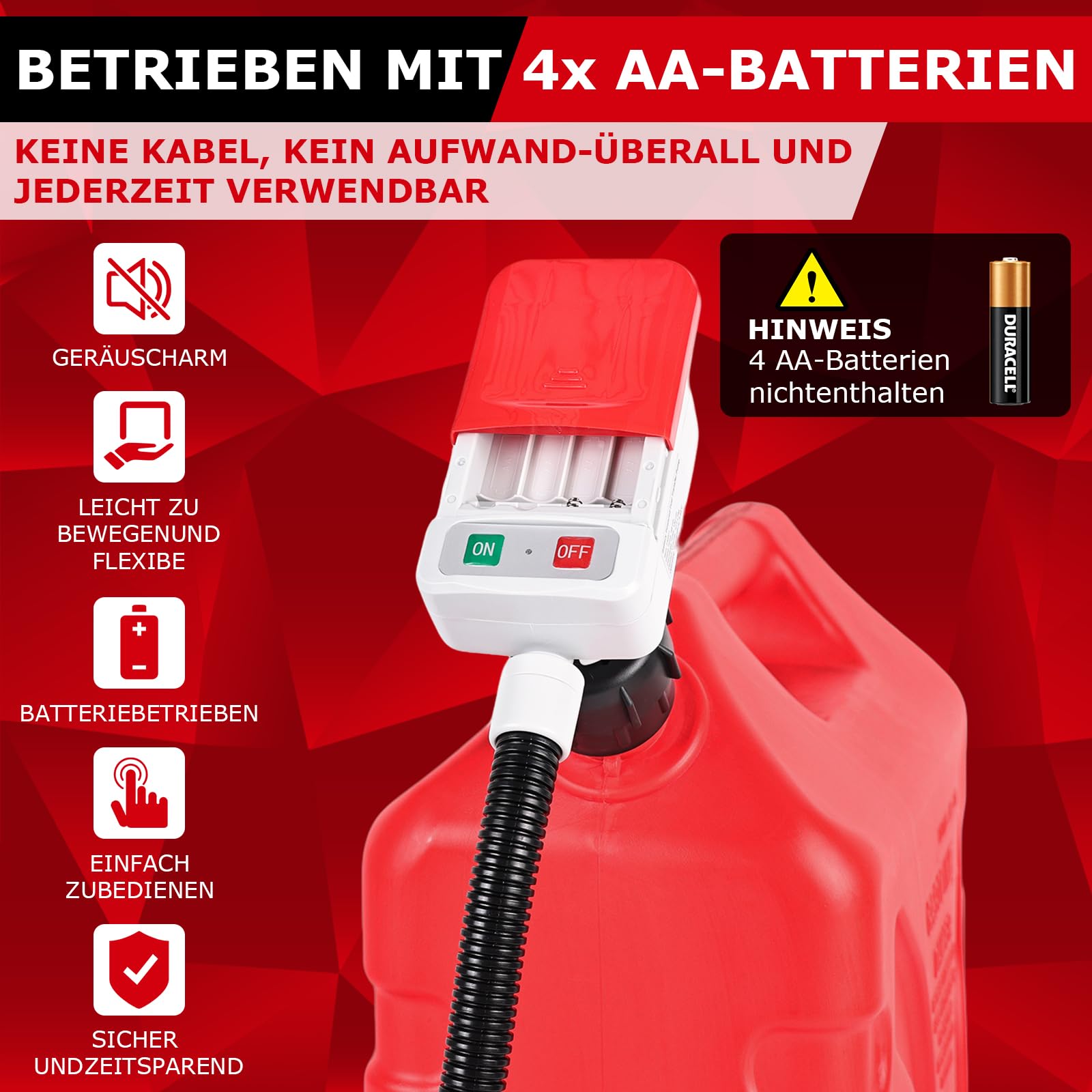 innhom Kraftstoffpumpe Elektrisch, Effiziente und sichere Benzinpumpe Für Kanister Kanisterpumpe mit Überlaufschutzsensor - mit 4 Größenadaptern Schlauch 2.8 GPM für Traktor Generator (Rot)