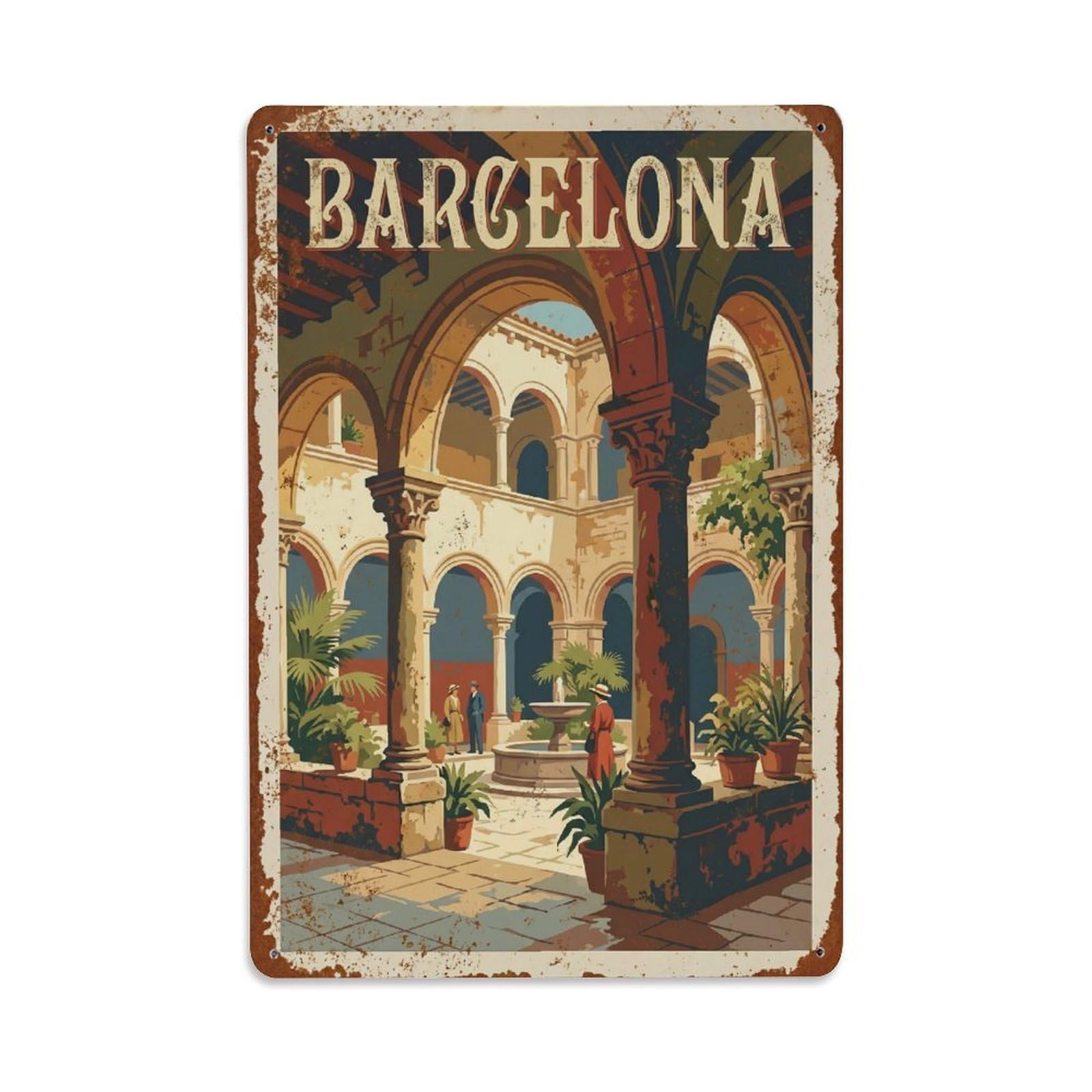 Vintage Travel Cloisters Spain Peaceful Metal Tin Sign