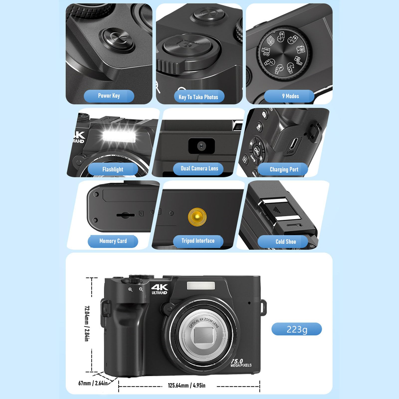 4K 光学ズームカメラ Amazon | MENDUNER 4K デジタルカメラ、75MP センサー 12X 光学ズーム