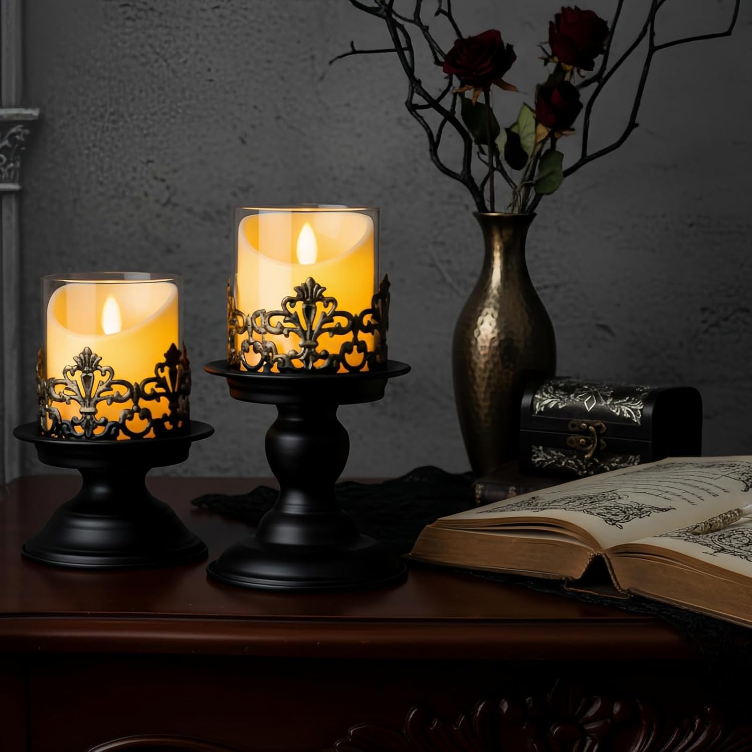 Gothic Hurricane Candle Holders, Black Metal with Glass Sleeve, Set of 2 Decorative Pillar Holders, 5.9 and 7.9 Inch Height, 4 Inch Diameter