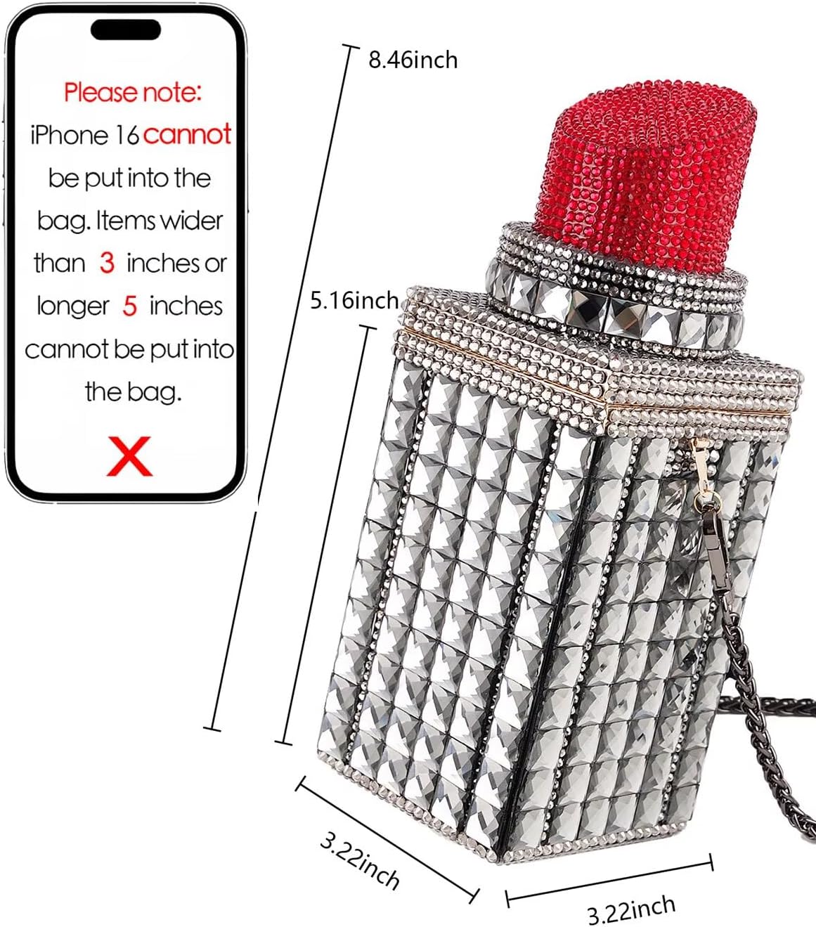 Women Lipstick Shape Inlaid Rhinestone Crystal Glitter Evening Bags Purses Clutch Sparkly Banquet Handbag | Lipstick Shape - Image 2