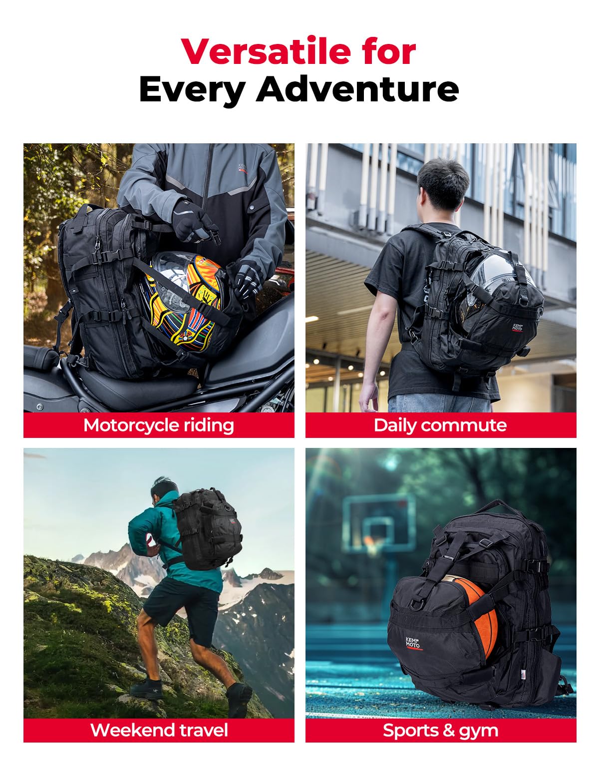 KEMIMOTO - Mochila para Casco de Motocicleta, Bolsa de Casco de 37L de Gran Capacidad con Puerto de Carga USB, Mochila de Conducción y Desplazamiento para Hombres