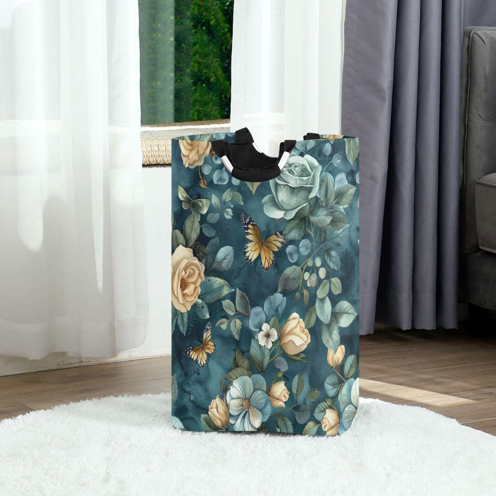 Jihqo Laundry Hamper Basket Watercolor Floral Cyan Collapsible Nursery Storage Bin Waterproof Clothing Baskets for Home Bedroom Bathroom Washing Room