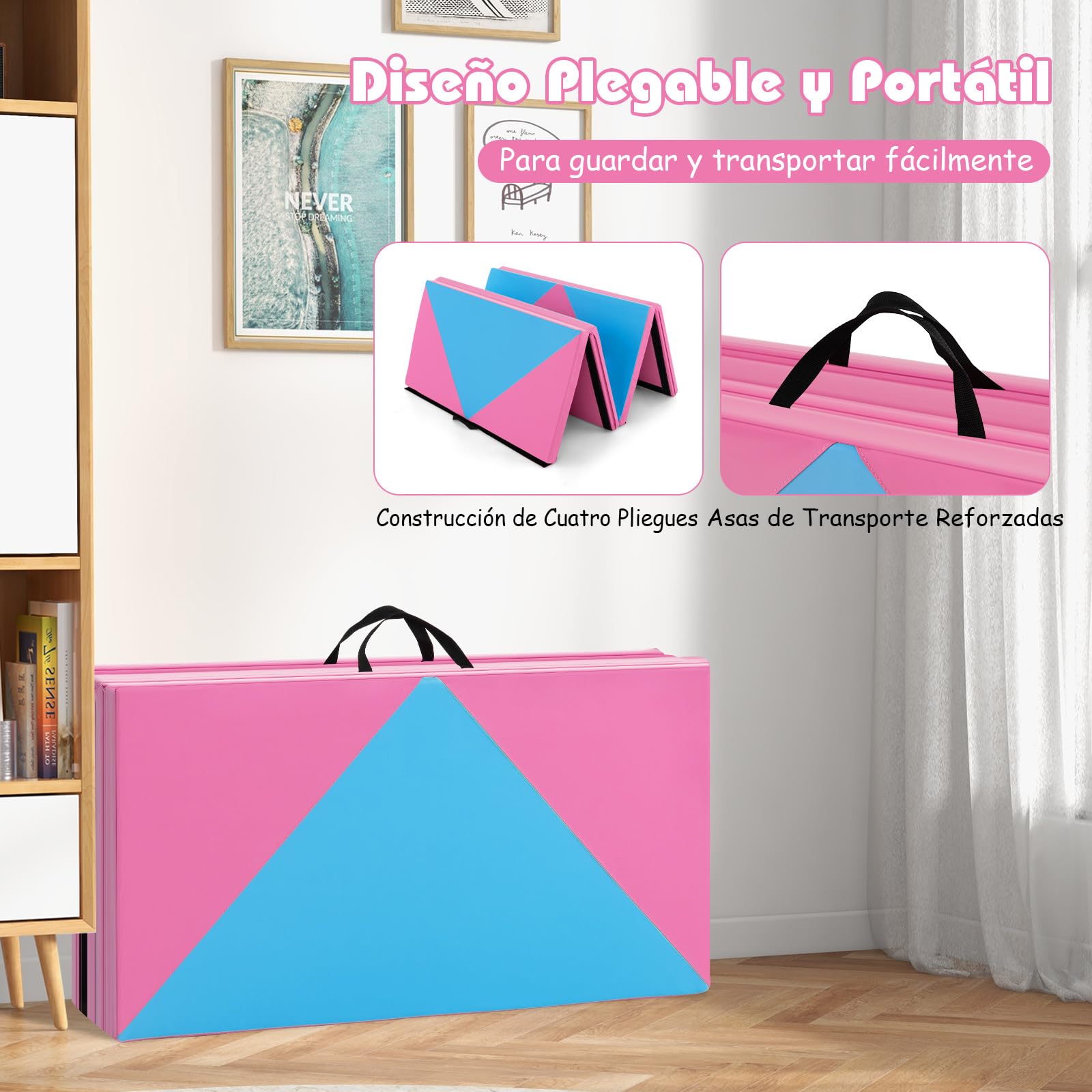 GOPLUS Colchoneta de Gimnasia Plegable, 240x117x5cm, Esterilla de Entrenamiento de Cuero Artificial con Asas de Transporte, Alfombra de Suelo para Fitness Yoga (Azul+ Rosa)