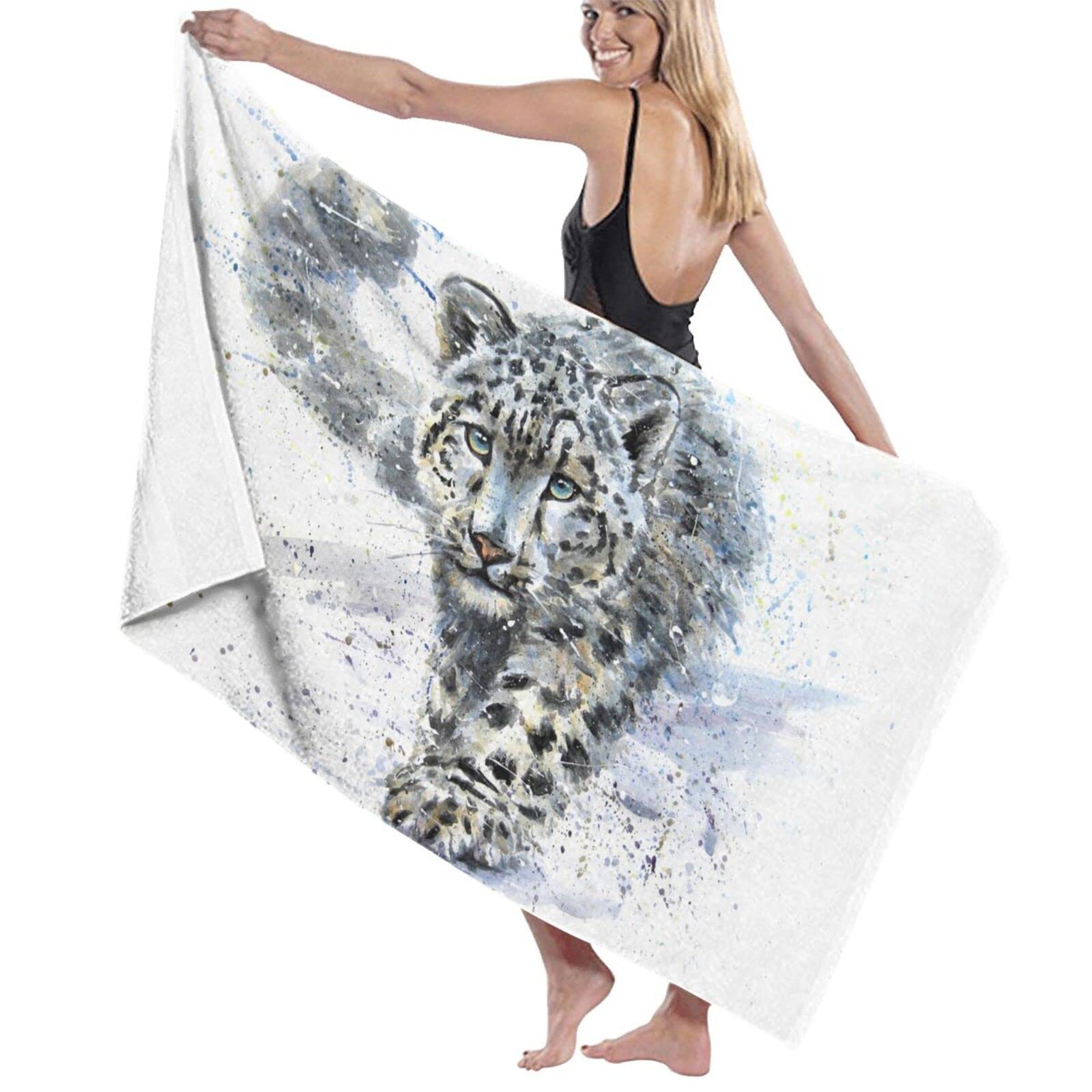 Zhung Ree Microfiber Sand Free Beach Towel, Watercolor Snow Leopard Large Super Absorbent Lightweight Towel for Travel Pool Swimming Bath Yoga Women Men 32 x 52 inch