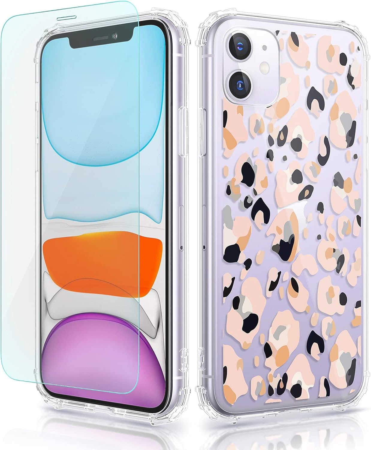 Caka iPhone 11 Case with Screen Protector, iPhone 11 Case Clear Flowers Floral Pattern for Girls Women Girly Slim Soft TPU Protective Case for iPhone 11 6.1 inches (Leopard Pattern)