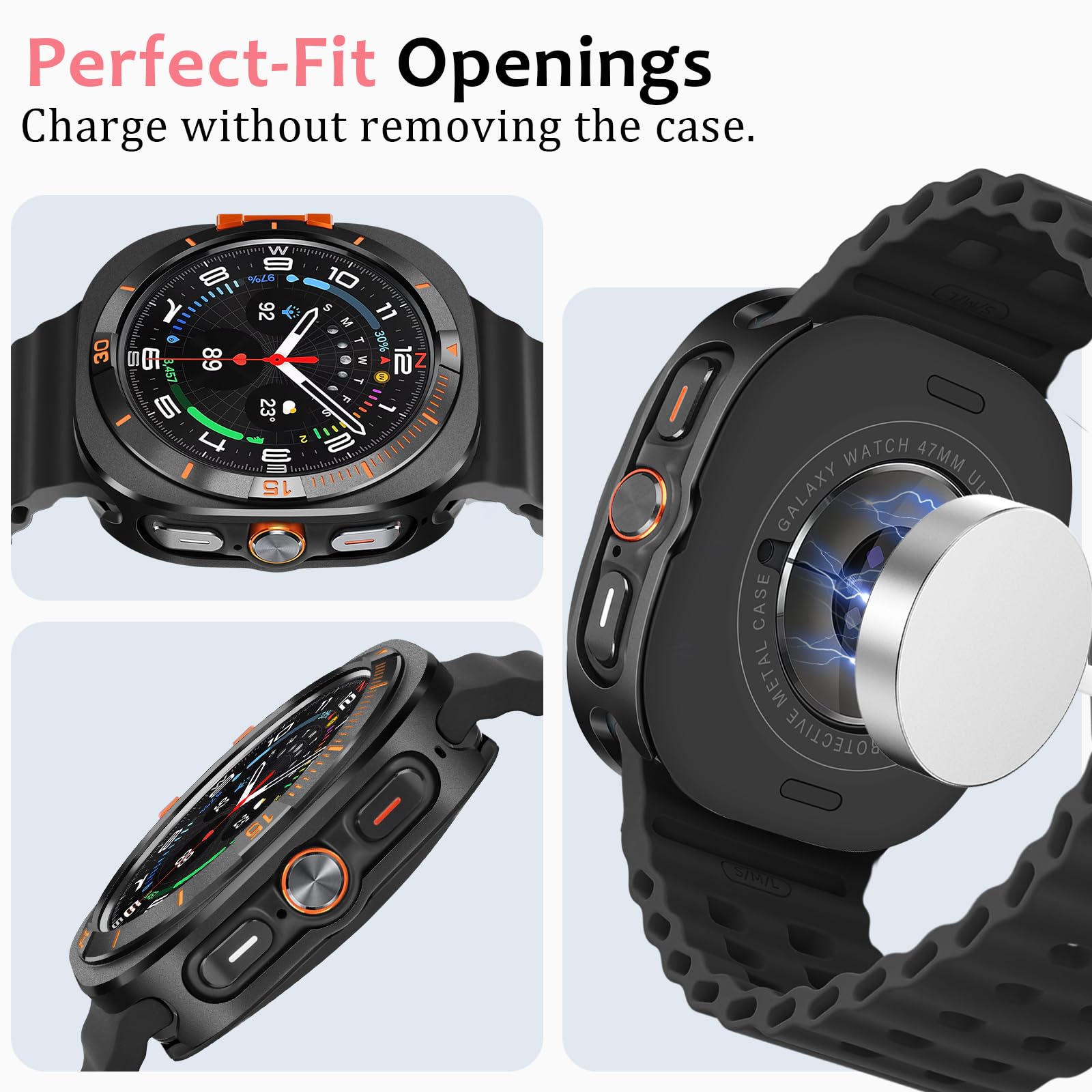 Amizee Metalowe etui 2 w 1 kompatybilne z Samsung Galaxy Watch Ultra (2025/2024) z tylną okładką, wytrzymałe metalowe etui odporne na zarysowania, ochronne etui do Galaxy Watch 47 mm, czarne