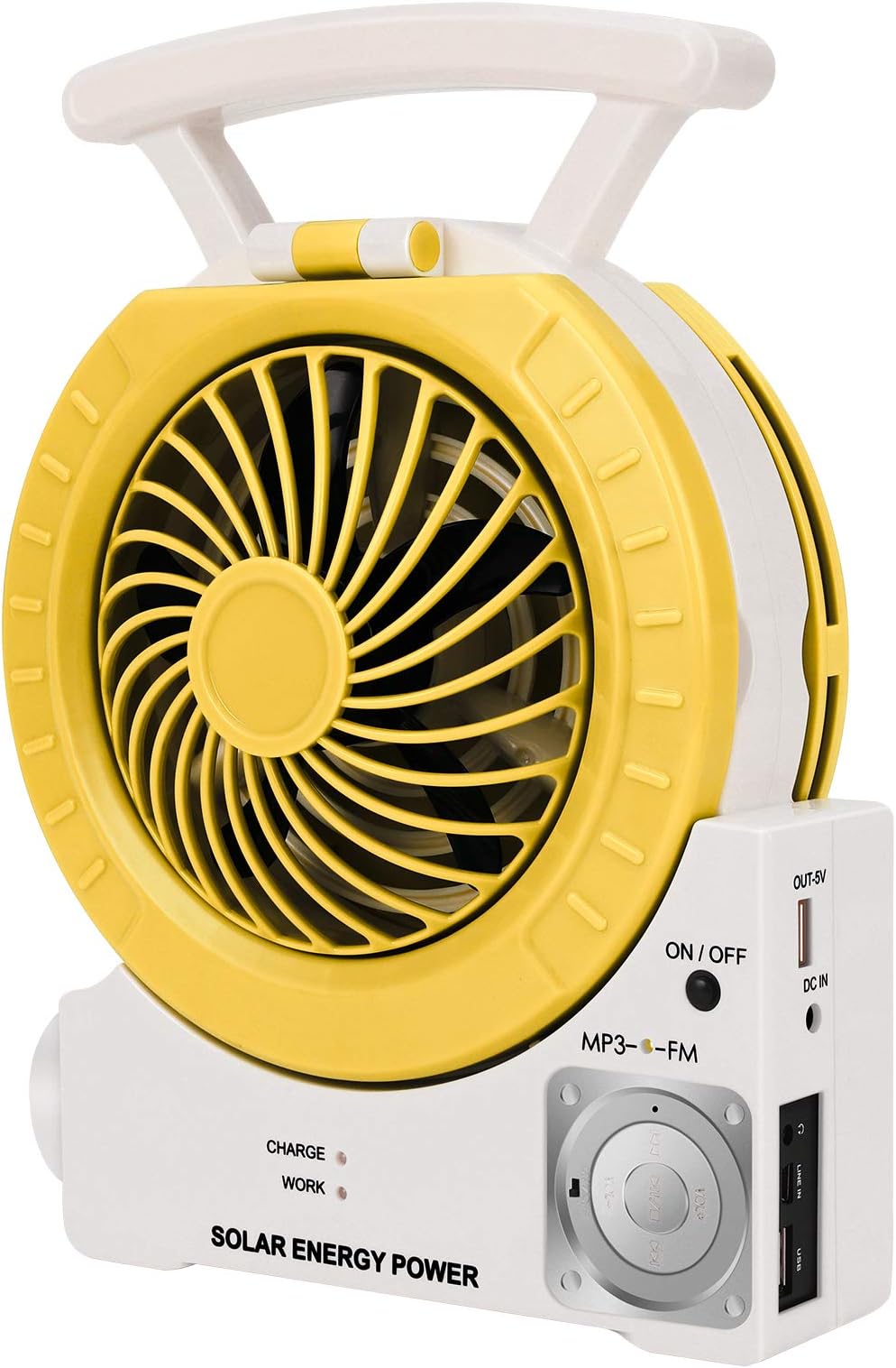 Multi-function Solar Fan Electric Outdoor Fishing Fan with Radio/MP3/Table Lamp/Torch/Cell Phone Charging Function for Camping Fishing and Hurricane Emergency (yellow)