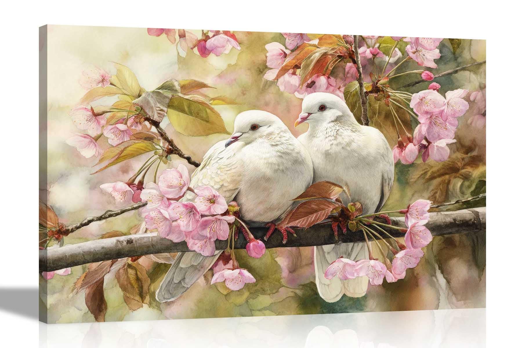 Artley Prints Couple White Pigeons Pink Leaves - White Pigeons Pink Flowering Tree Framed Canvas Wall Art Prints Bird Prints For Home Living Room Hallway40 X 30Cm (16 X 12 Inches) A3