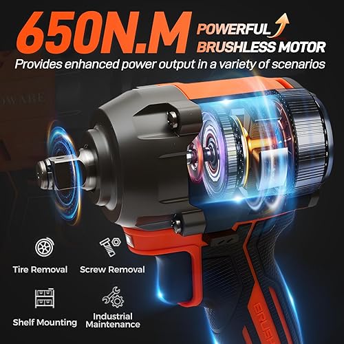 Miniatura 2 de COMOWARE Llave de impacto sin escobillas de 20 V, pistola de impacto inalámbrica de 650 N.m (480 ft-lbs) con batería de 4.0 Ah y cargador rápido,