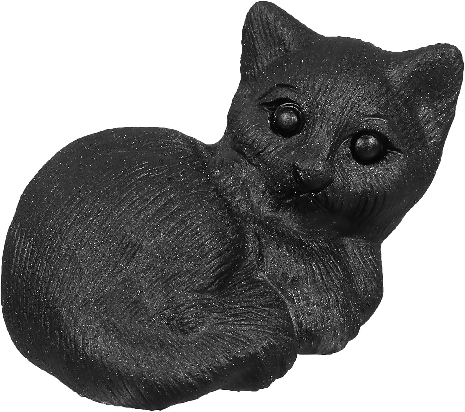 Sportmusies Natural Black Obsidian Stone Cat Figurine Desk Home Office Decoration, Hand-Carved Crystal Kitten Cat Animal Statue, Waking Up Cat