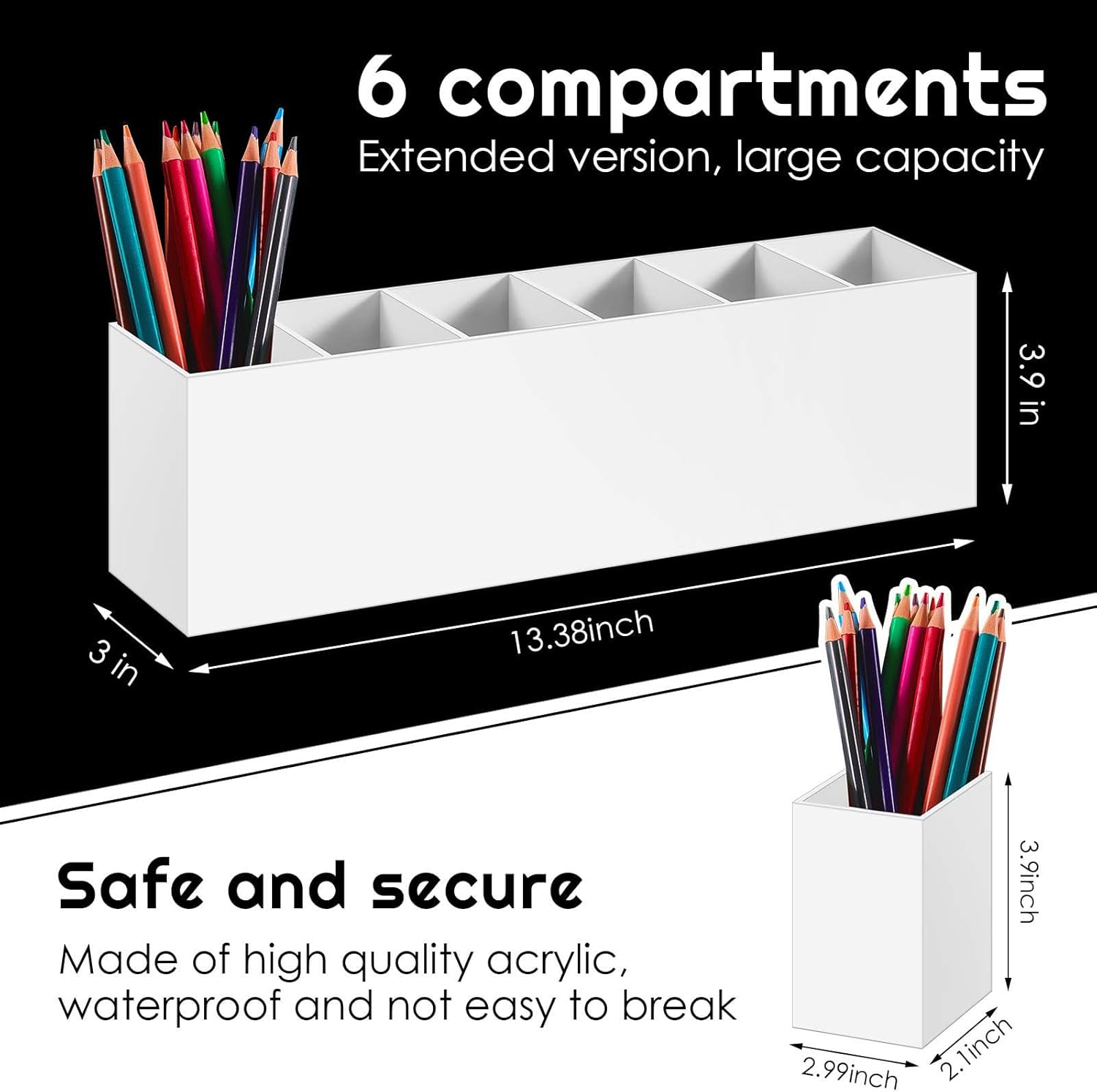 2 Pack Acrylic Makeup Brush Holder 6 Compartments Pencil Organizer Cup Pencil Holder for Desk Pen Organizer Storage Pen Holder for Accessories Cosmetic Brushes Office Bathroom Kitchen Supplies (White)