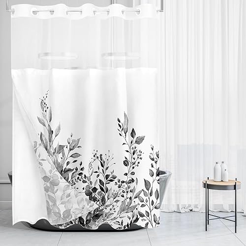 Vista 388 de Tititex - Juego de cortinas de ducha de eucalipto verde oliva, hojas de acuarela en la parte superior con decoración floral de baño, 60 x 72 Hojas