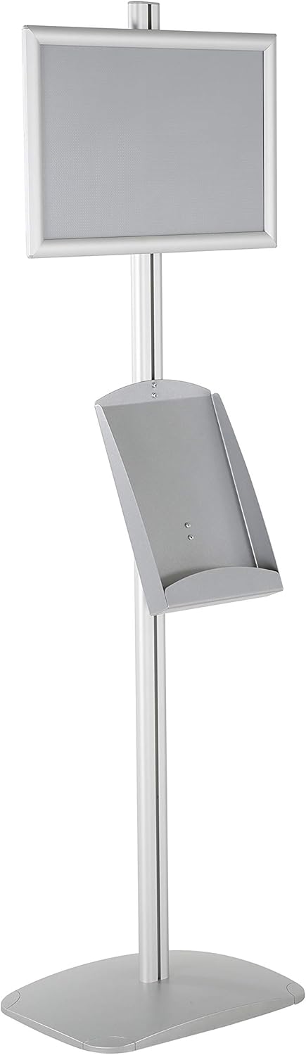 M&T Displays Free Standing Aluminum Display Stand Single Sided Document Brochure Sign Holder Front Loading Portrait Landscape Silver Snap Frame 1x(11x17) and Metal Tray Shelf 1x(8.5x11) Inch