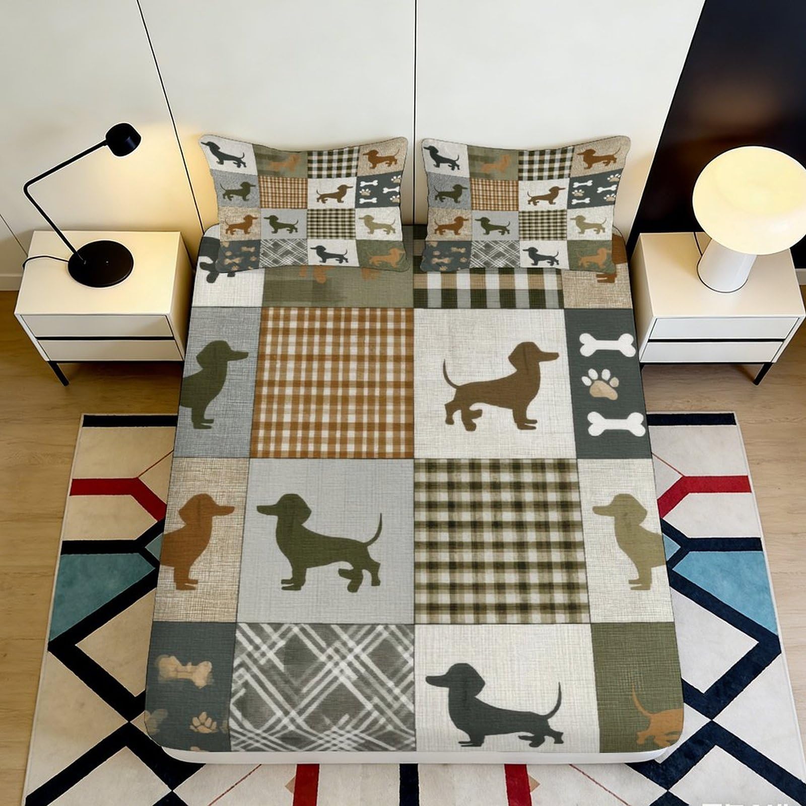 3D Printed Dachshund Patchwork Fitted Sheet Microfiber Non-Slip Bed Cover for Bedroom Dorm Guest Room Decor 90x200x25cm