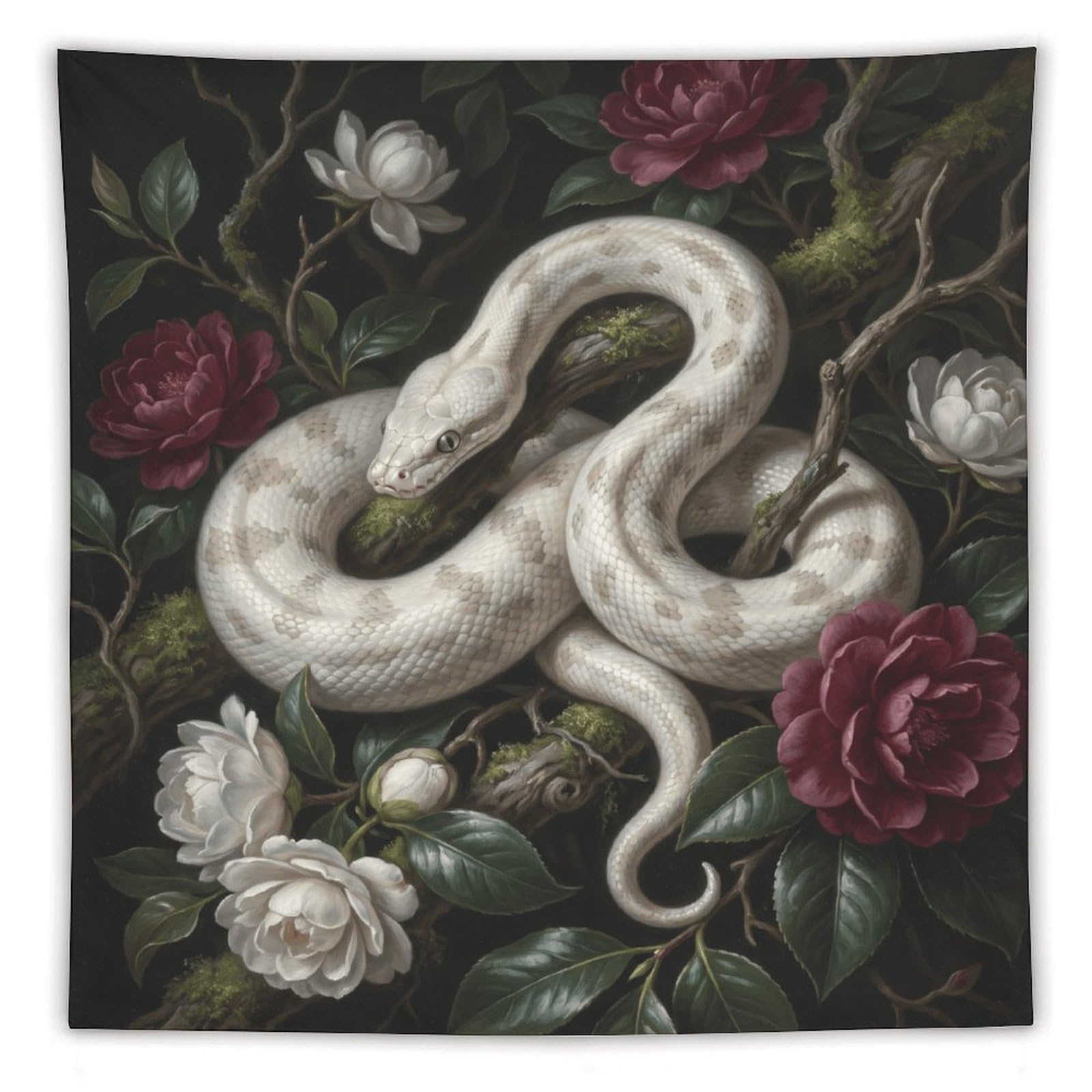 H3B8U2Y5 White Snake White Roses Wall Tapestry, Oil Painting, Backdrop