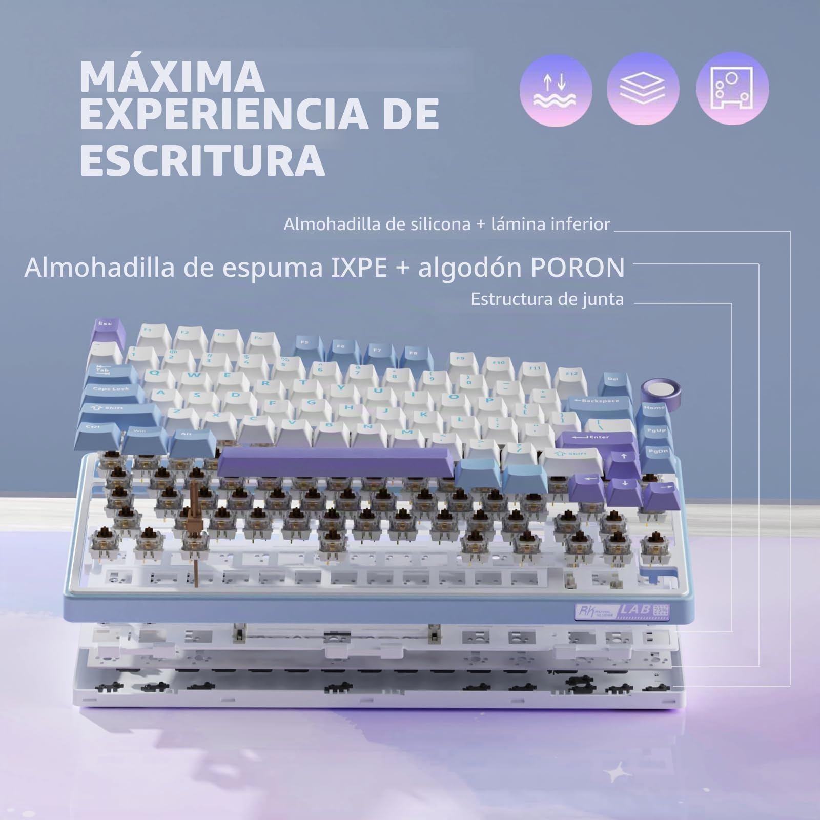 RK ROYAL KLUDGE Teclado mecánico R75 con cable con perilla Volum, 75% TKL Custom Gaming Keyboard Junta Montaje RGB retroiluminado con software, perfil de cereza, interruptor plateado intercambiable en