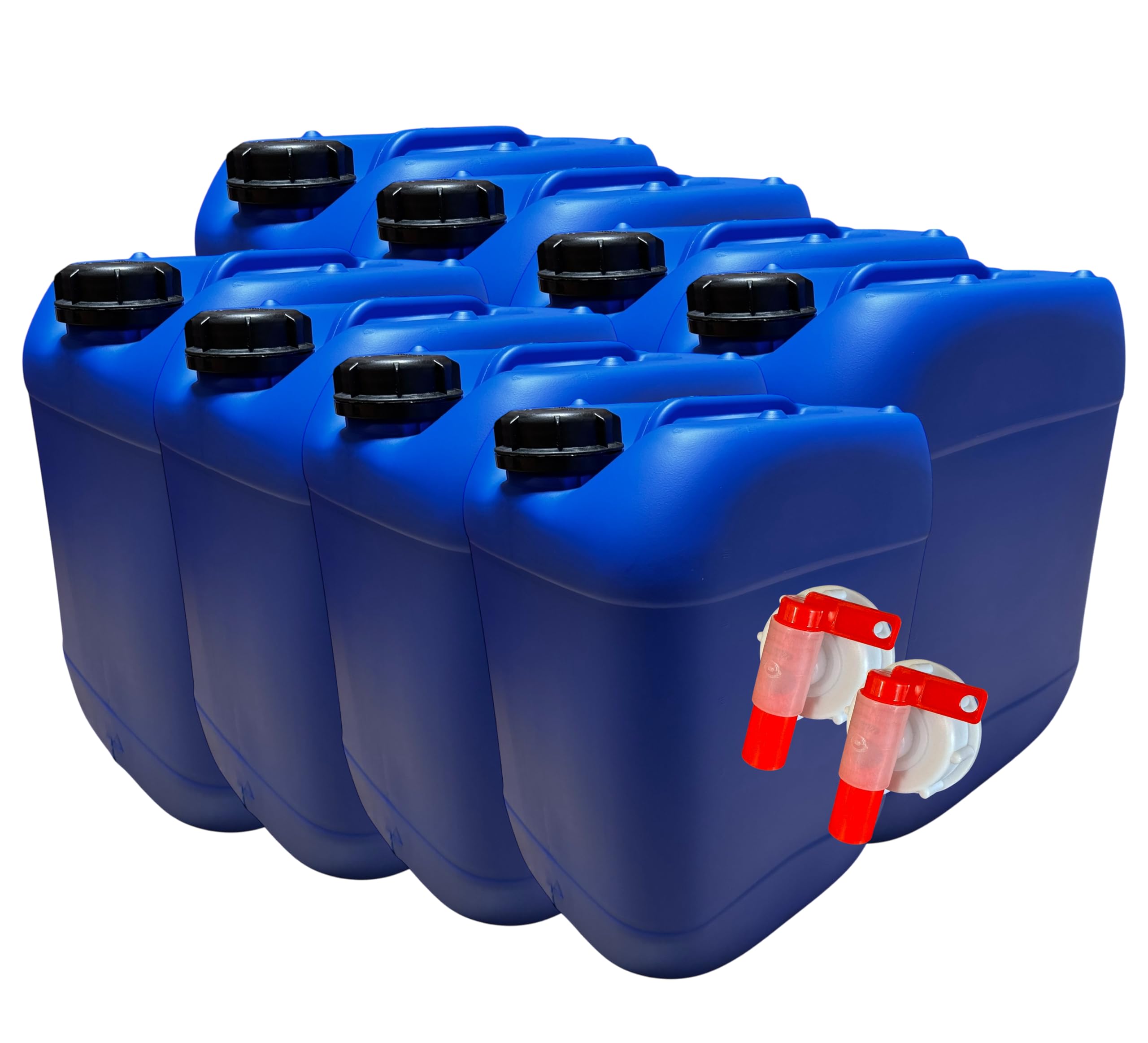 Lot de 8 Bidons Plastique Bleu 20 L litres avec Bouchon et 2 x Robinets Verseurs - Résistant pour Liquides Alimentaires et Chimiques Poignée Ergonomique, Empilable, Réutilisable - Jerrican Jerry Can