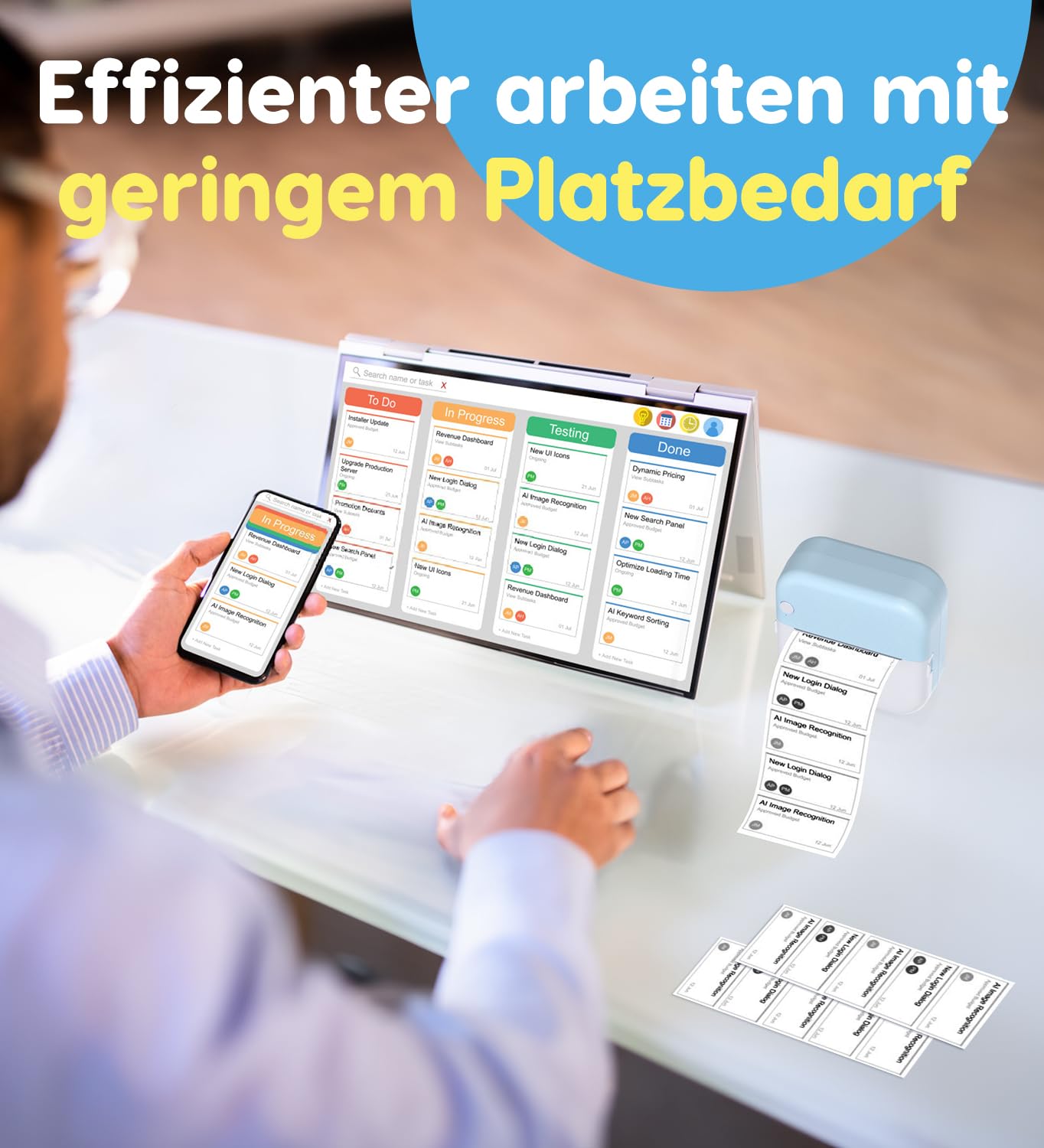 Korffe Mini Drucker für Smartphone with 7 Rollen Druckerpapier, Wireless Sticker Drucker Kompatibel mit Android & iOS, Tiny Printer Handy Drucker, Mini Belegdrucker für Lernnotizen, Notizen, Journal