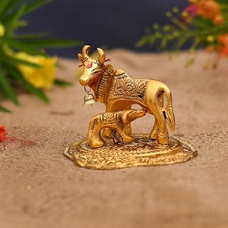 Collectible India Kamdhenu Cow with Calf Metal Statue Figurine Decorative Gift Item Showpiece for Home Decor - Diwali Decorations Religious Items for Home (Set of 10)