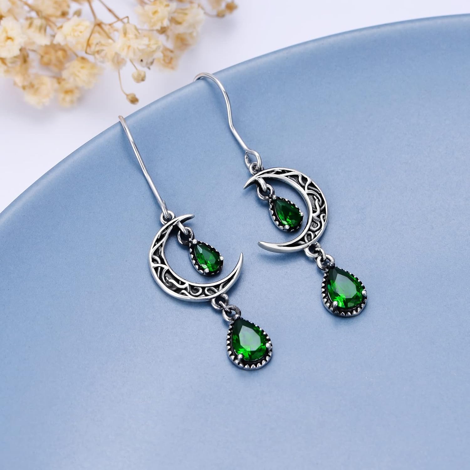 VONALA Moon Earrings for Women 925 Sterling Silver Celtic Moon Dangle Drop Earrings Emerald / Amethyst / Ruby / Sapphire/ Pink / Peridot / Aquamarine / Citrine / Black / Rainbow Topaz Dangling Earrings Celtic Jewelry Gifts for Women - Image 3