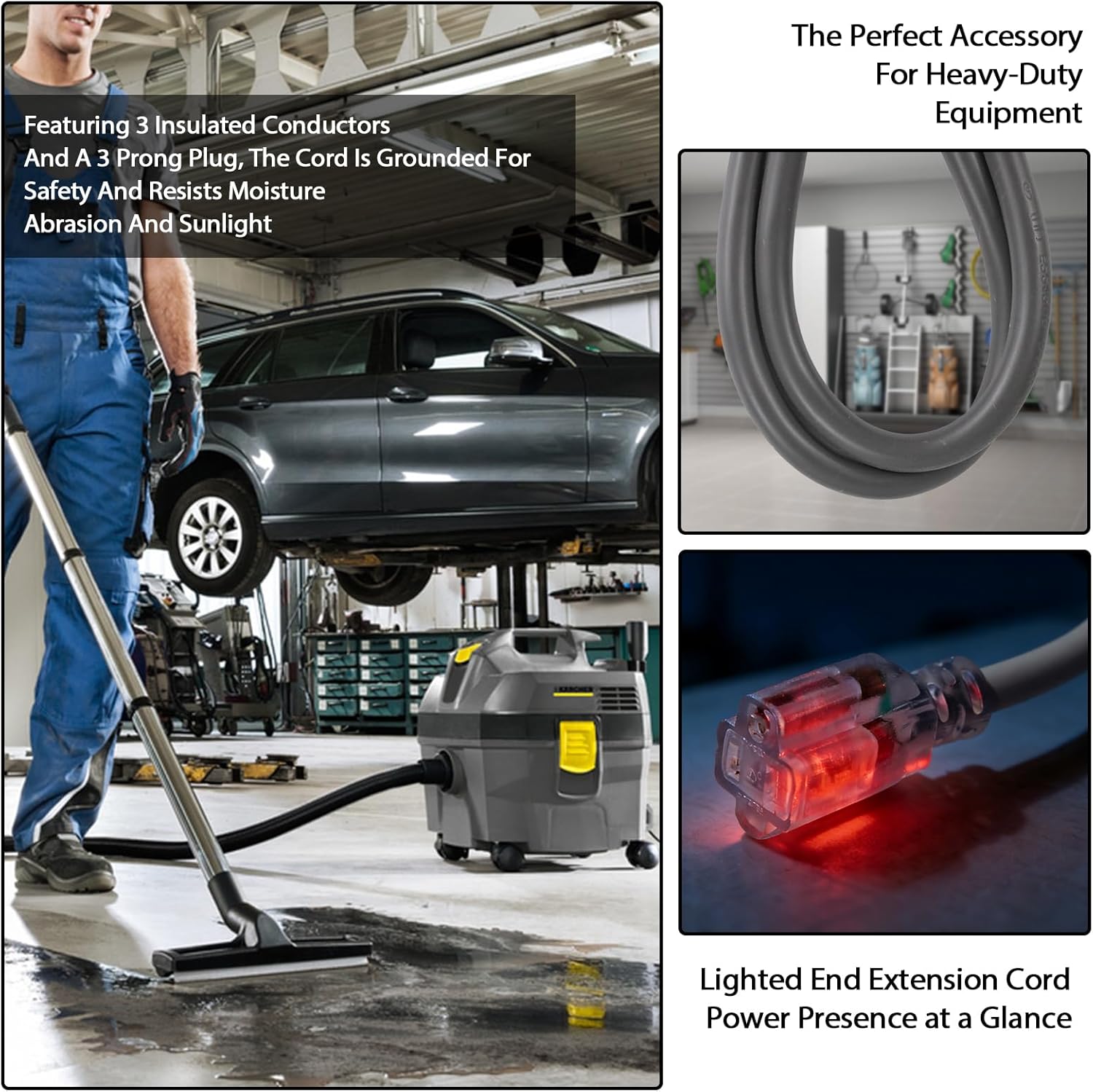 50 FT Grey Extension Cord with Lighted End, 12 AWG 3 Prong Indoor Outdoor Heavy Duty Waterproof Power Cable for Major Appliance, 12/3 SJTW UL Listed