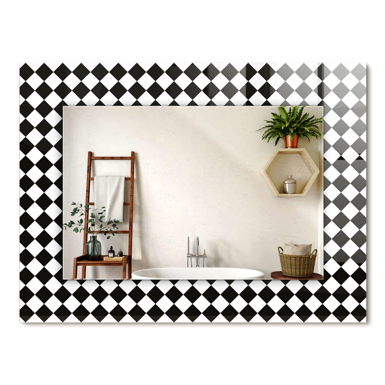Miroir mural de salle de bain 80x60cm cadre damier noir et blanc chic