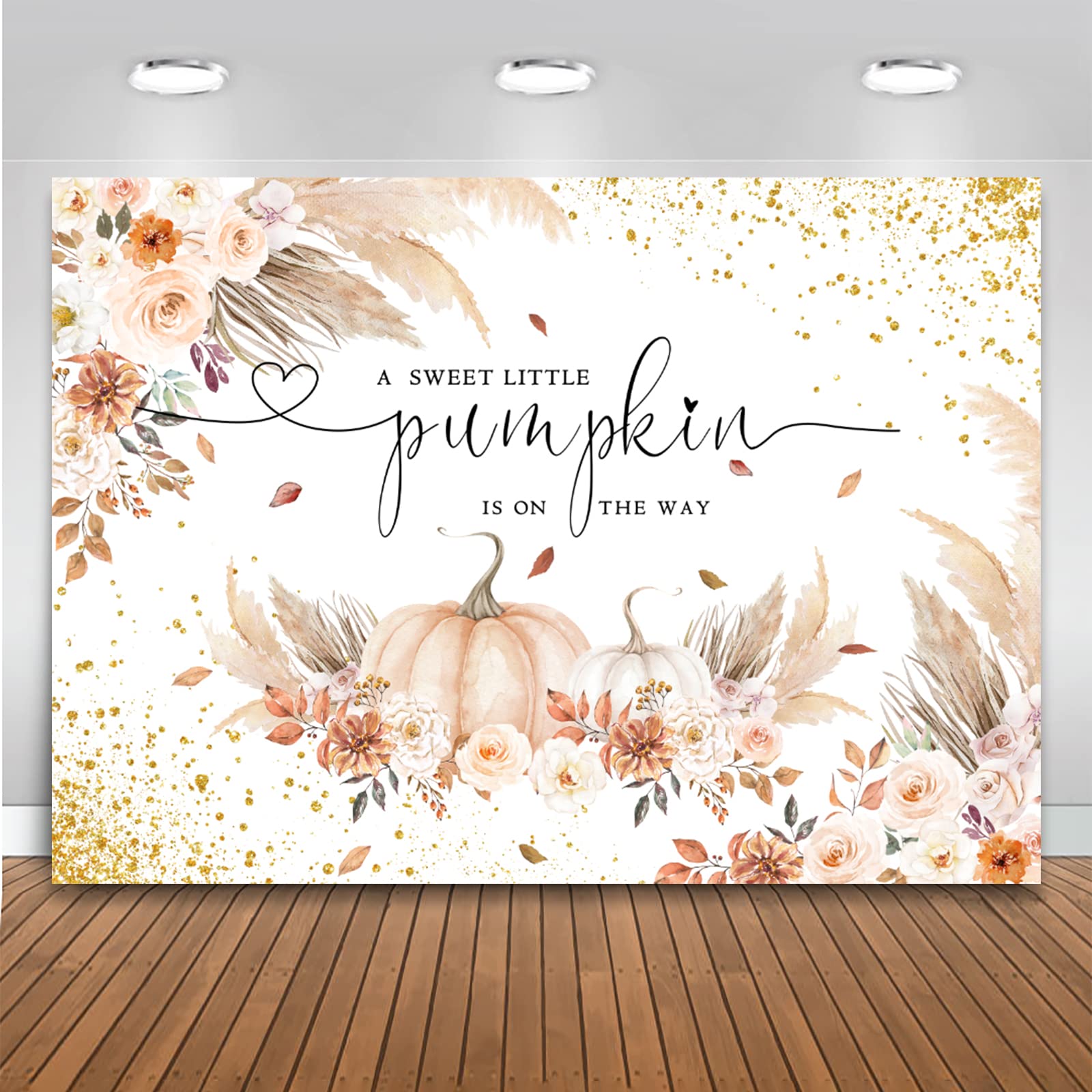 Mocsicka Pumpkin Backdrop for Girl Boy Autumn Fall Baby Shower Party Decorations Boho Blush Floral A Little is On The Way Cake Table Banner (7x5ft(82'