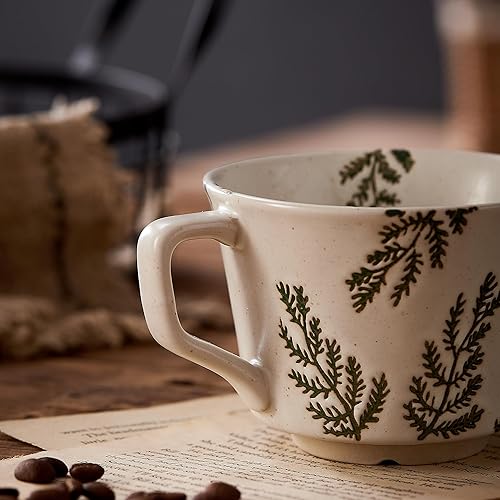 Miniatura 5 de Juego de 4 Tazas de Café de Cerámica Vintage de 12 oz - Cerámica de Gres Hecha a Mano Estilo Campo Granja Otoño Tazas de Té con Asa Grande para Café